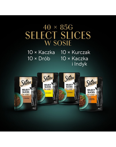 SHEBA Selection Select Slices Drobiowe Smaki saszetki 40x85 g w sosie kawałki z: kaczką, kurczakiem, drobiem, kaczką i indykiem dla dorosłych kotów