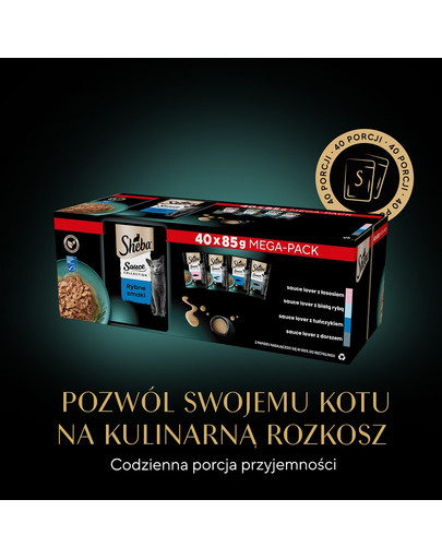 SHEBA Sauce Collection Rybne Smaki saszetki w sosie 40x85 g z łososiem, białą rybą, tuńczykiem, dorszem