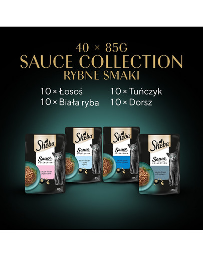 SHEBA Sauce Collection Rybne Smaki saszetki w sosie 40x85 g z łososiem, białą rybą, tuńczykiem, dorszem