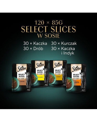SHEBA Selection Select Slices Drobiowe Smaki saszetki 120x85 g w sosie kawałki z: kaczką, kurczakiem, drobiem, kaczką i indykiem  dla dorosłych kotów