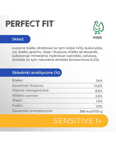 PERFECT FIT (Sensitive 1+) 750 g Bogaty w indyka - sucha karma dla kota z wrażliwym układem trawiennym