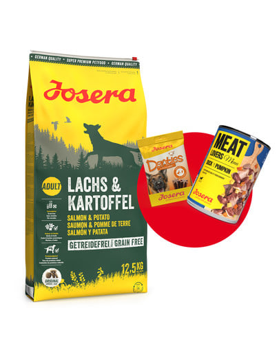 JOSERA Lachs&Kartoffel 12,5kg dla dorosłych psów z łososiem i ziemniakami + 1x Denties & Meat Lovers GRATIS