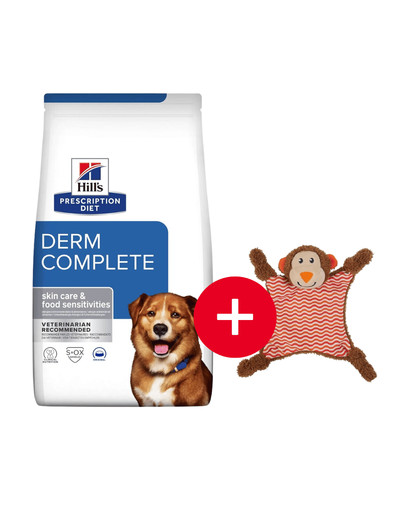 HILL'S Prescription Diet Canine Derm Complete 12 kg karma wzmacniająca skórę psa + zabawka GRATIS