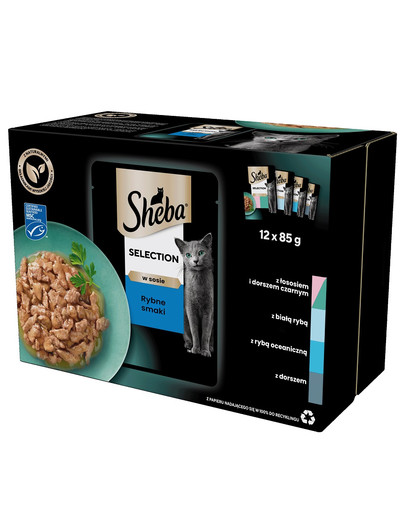Selection Rybne Smaki saszetki 48x85 g mokra karma pełnoporcjowa dla dorosłych kotów w sosie kawałki z łososiem i dorszem czarnym, białą rybą, rybą oceaniczną, dorszem