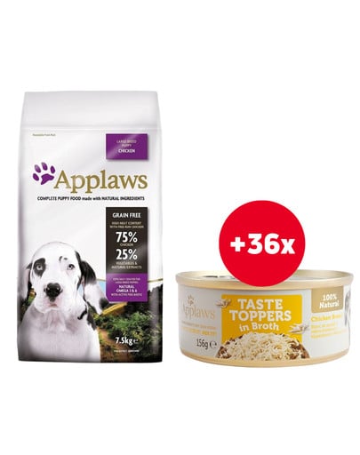 APPLAWS Large Breed Puppy Chicken bezzbożowa karma dla szczeniąt ras dużych z kurczakiem 7,5 kg + Pierś z kurczaka w bulionie 18 x 156 g GRATIS