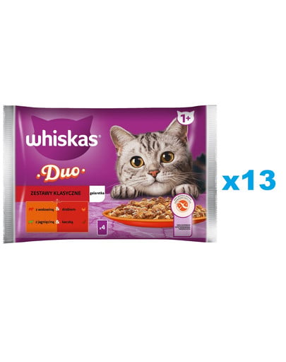 WHISKAS Adult saszetka 52x85g Zestawy Klasyczne mokra karma dla kotów w galaretce kawałki z wołowiną i drobiem, jagnięciną i kaczką