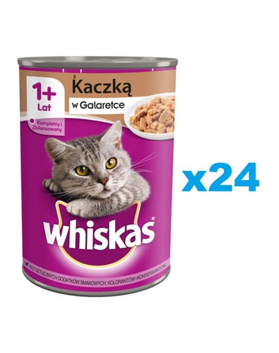 WHISKAS Adult puszka 24x400 g - mokra karma pełnoporcjowa dla dorosłych kotów, kawałki z kaczką w galaretce