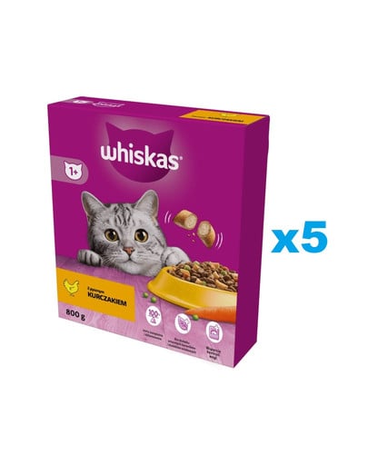 WHISKAS Adult 5x800 g sucha karma pełnoporcjowa z pysznym kurczakiem dla dorosłych kotów