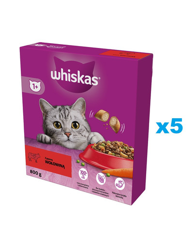 WHISKAS Adult 5x800g sucha karma pełnoporcjowa dla dorosłych kotów z pyszną wołowiną