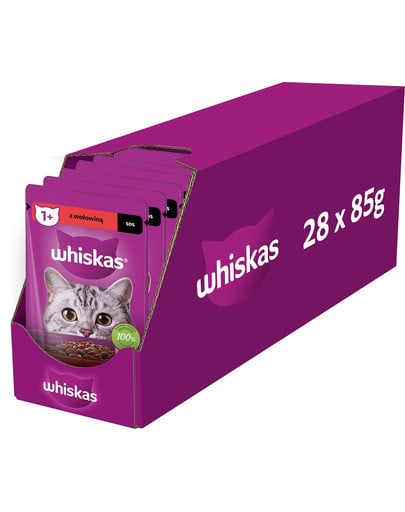 WHISKAS Adult saszetka 28x85g mokra karma dla dorosłych kotów w sosie z wołowiną