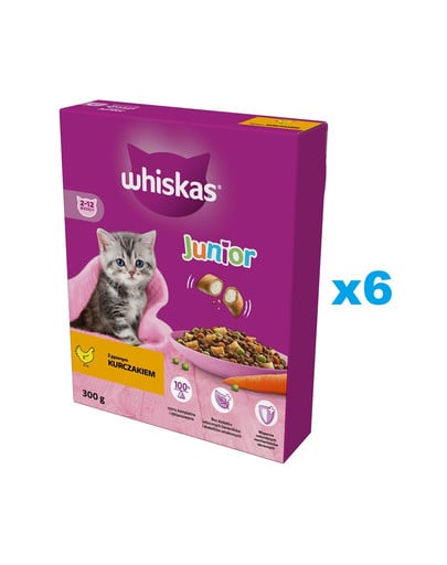 WHISKAS Junior 6x300 g sucha karma pełnoporcjowa z pysznym kurczakiem dla kociąt