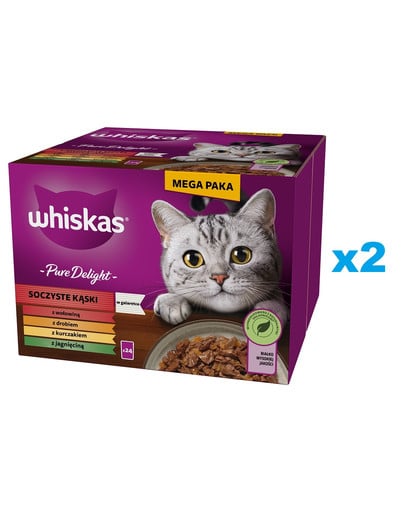 WHISKAS Adult Pure Delight Soczyste Kąski w galaretce 48x85 g kawałki z wołowiną, kurczakiem, jagnięciną, drobiem dla dorosłych kotów