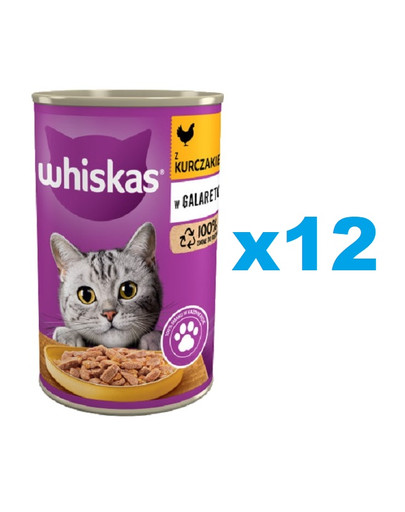 WHISKAS Adult puszka 12x400 g - mokra karma pełnoporcjowa dla dorosłych kotów, kawałki z kurczakiem w galaretce