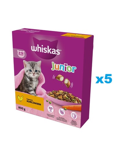 WHISKAS Junior 5x800 g sucha karma pełnoporcjowa dla kociąt z pysznym kurczakiem