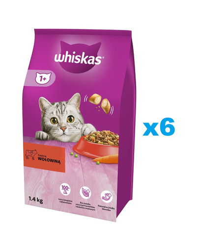 WHISKAS Adult 6x1,4 kg sucha karma pełnoporcjowa dla dorosłych kotów z pyszną wołowiną