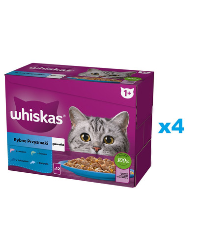 WHISKAS Adult saszetka 48x85g Rybne Przysmaki mokra karma dla dorosłych kotów w galaretce z: łososiem, tuńczykiem, dorszem, białą rybą