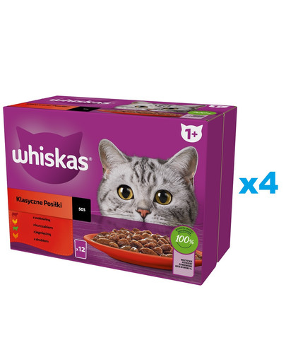 WHISKAS Adult saszetka 48 x 85g Klasyczne Posiłki mokra karma dla kotów w sosie kawałki z wołowiną, kurczakiem, jagnięciną, drobiem