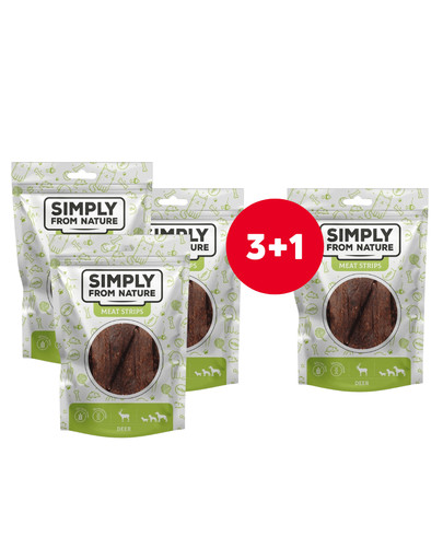 SIMPLY FROM NATURE Meat Strips Mięsne paski z jelenia dla psów 4 x 80 g (3+1 GRATIS)