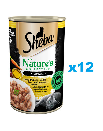 SHEBA puszka 12x400 g Nature's Collection mokra pełnoporcjowa karma dla dorosłych kotów koktajl drobiowy z wątróbką i olejem z ryb z przybraniem z marchewki w terynie