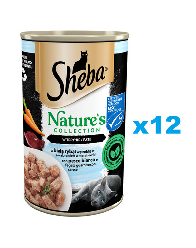 SHEBA puszka 12x400 g Nature's Collection mokra pełnoporcjowa karma dla dorosłych kotów z białą rybą i wątróbką z przybraniem z marchewki w terynie