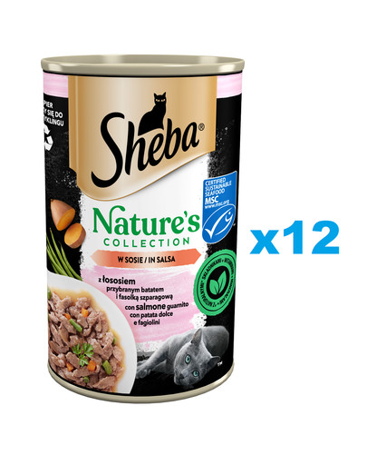 SHEBA puszka 12x400 g Nature's Collection mokra pełnoporcjowa karma dla dorosłych kotów z łososiem przybranym batatem i fasolką szparagową w sosie