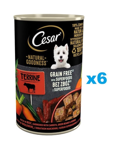 CESAR Natural Goodness w terynie 6x400 g bogata w wołowinę z dodatkiem marchewki, fasolki szparagowej i ziół