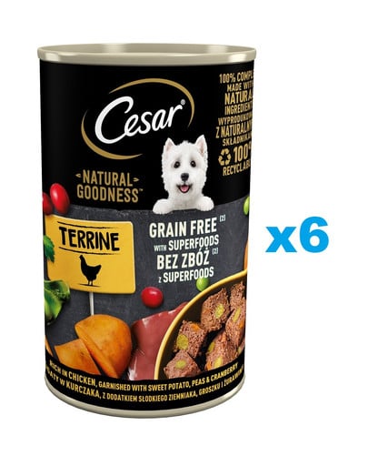 CESAR Natural Goodness w terynie 6x400g bogata w kurczaka z dodatkiem słodkich ziemniaków, groszku i żurawiny