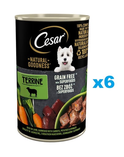 CESAR Natural Goodness w terynie 6x400 g bogata w jagnięcinę z dodatkiem marchewki, ziemniaków i szpinaku