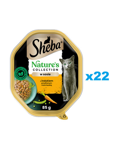 SHEBA Nature’s Collection tacka 22x85 g mokra karma pełnoporcjowa dla dorosłych kotów kawałki z indykiem przybranym marchewką w sosie