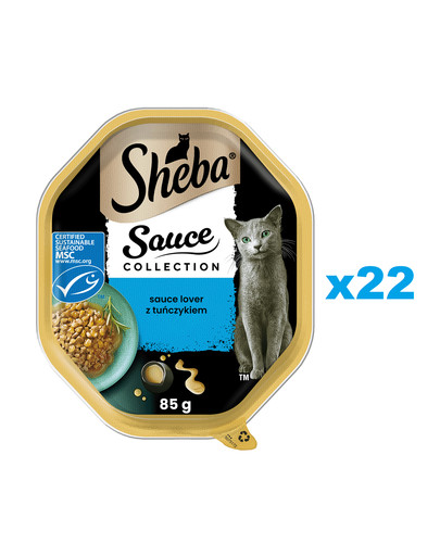 SHEBA Sauce Collection tacka 22x85 g mokra karma pełnoporcjowa dla dorosłych kotów kawałki z tuńczykiem w sosie