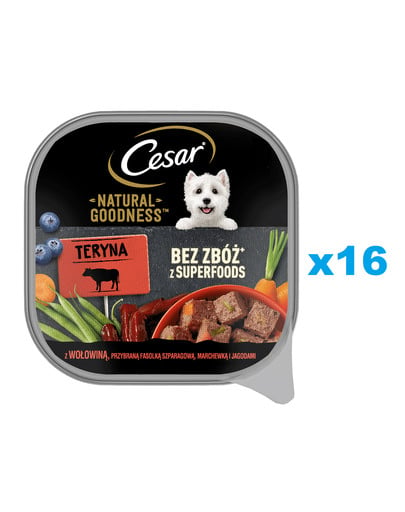 CESAR Natural Goodness Mus tacka 16x100 g mokra karma pełnoporcjowa dla dorosłych psów z wołowiną, przybraną fasolką szparagową, marchewką i jagodami