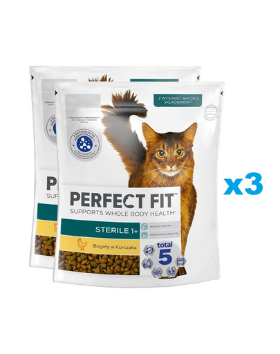 PERFECT FIT Sterile 1+ 6x750 g sucha karma pełnoporcjowa dla dorosłych kotów bogata w kurczaka