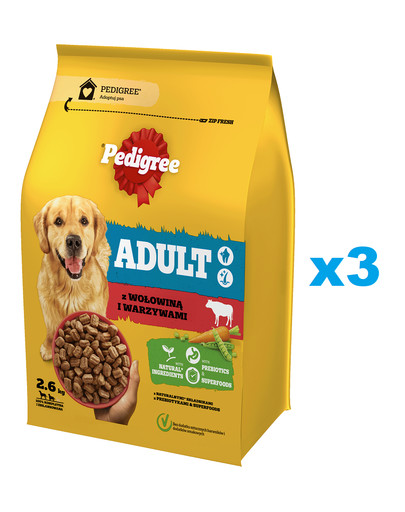 PEDIGREE Adult 3x2.6 kg z wołowiną i warzywami sucha karma pełnoporcjowa dla dorosłych psów dużych i średnich ras