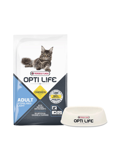VERSELE-LAGA Opti Life Cat Sterlised/Light Chicken 7.5 kg dla kotów sterylizowanych + Miska plastikowa dla kota GRATIS