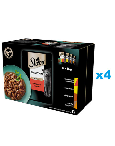 SHEBA Selection Soczyste Smaki saszetki 48x85 g mokra karma pełnoporcjowa dla dorosłych kotów w sosie kawałki z kurczakiem i wołowiną, kurczakiem, jagnięciną, kaczką i indykiem