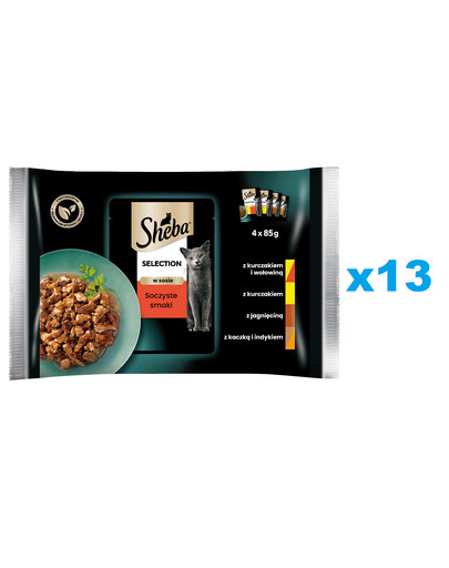 SHEBA Selection Soczyste Smaki saszetki 52x85 g mokra karma pełnoporcjowa dla dorosłych kotów w sosie kawałki z kurczakiem i wołowiną, kurczakiem, jagnięciną, kaczką i indykiem