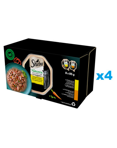 SHEBA Nature’s Collection Drobiowe Smaki tacki 32x85 g mokra karma pełnoporcjowa dla dorosłych kotów w sosie kawałki z kurczakiem, indykiem