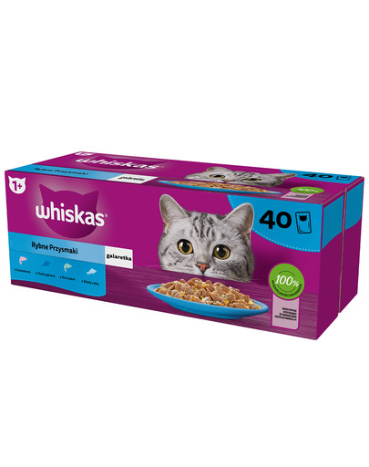 WHISKAS Adult saszetka 40 x 85 g Smaki Rybne w galaretce łosoś, tuńczyk, dorsz, biała ryba + TRIXIE Mysz pluszowa z kocimiętką 7 cm