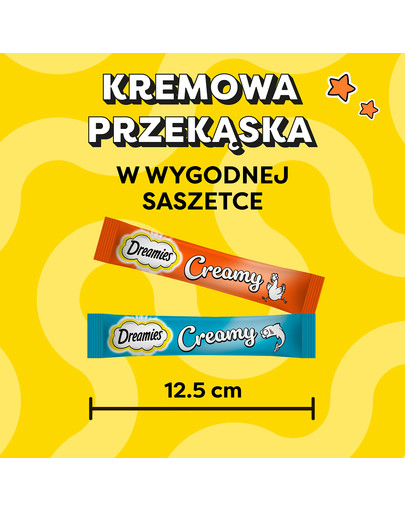 DREAMIES Creamy MEGA PACK karma uzupełniająca z kurczakiem i z łososiem 12x10 g