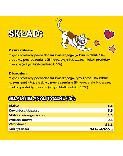 DREAMIES Creamy MEGA PACK karma uzupełniająca z kurczakiem i z łososiem 12x10 g