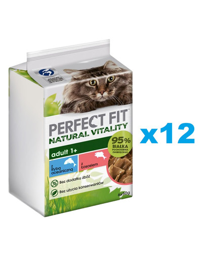 PERFECT FIT Natural Vitality saszetki 72x50 g mokra karma pełnoporcjowa dla dorosłych kotów również po zabiegu kastracji w sosie z rybą oceaniczną i łososiem