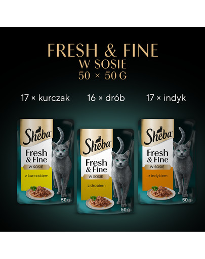 SHEBA Fresh Fine MEGAPACK saszetki 50x50 g mokra karma dla kotów w sosie, z kurczakiem, z drobiem, z indykiem
