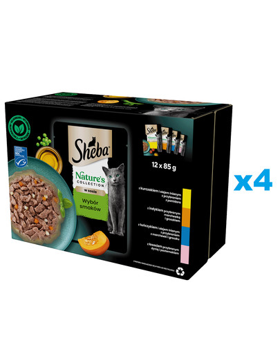 SHEBA Nature’s Collection Wybór Smaków 48x85 g mokra karma pełnoporcjowa dla dorosłych kotów w sosie kawałki z: kurczakiem, indykiem, tuńczykiem, łososiem