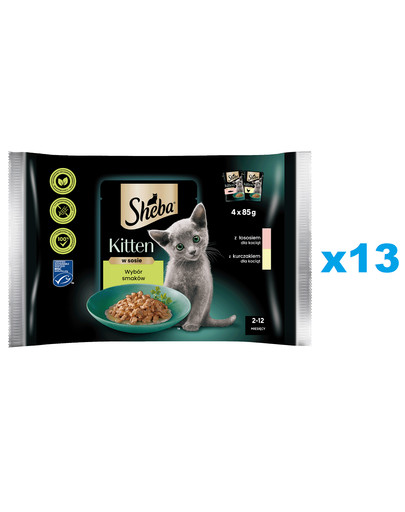 SHEBA Kitten Wybór smaków saszetki 52x85 g mokra karma pełnoporcjowa dla kociąt w sosie kawałki z: łososiem, kurczakiem