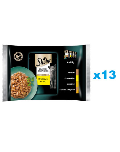 SHEBA Selection Select Slices Drobiowe Smaki saszetki 52x85 g mokra karma pełnoporcjowa dla dorosłych kotów w sosie kawałki z kaczką, kurczakiem, drobiem, kaczką i indykiem