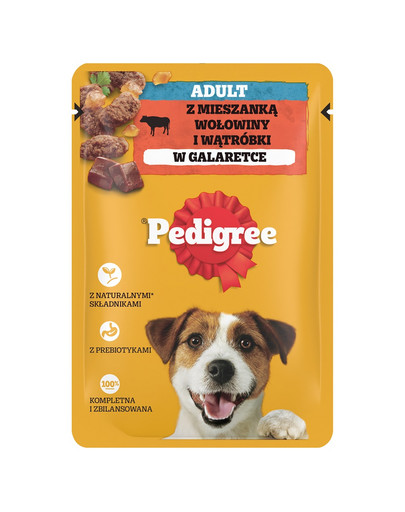 PEDIGREE Adult saszetka 100 g mokra karma pełnoporcjowa dla dorosłych psów, z mieszanką wołowiny i wątróbki, w galaretce