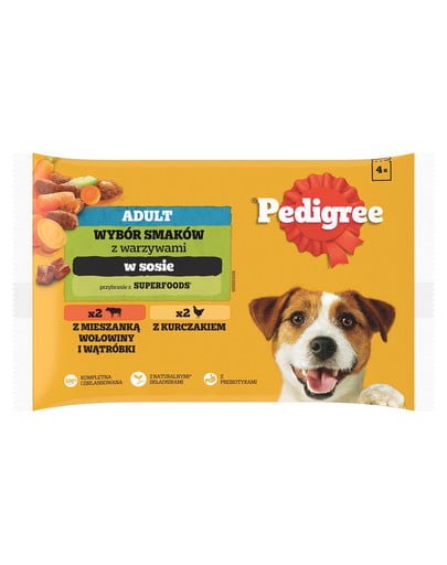 PEDIGREE Adult Wybór Smaków z warzywami saszetki 4x100 g mokra karma pełnoporcjowa dla dorosłych psów, z mieszanką wołowiny i wątróbki, z kurczakiem, w sosie