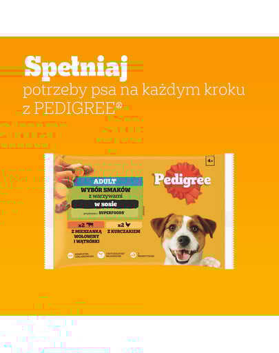 PEDIGREE Adult Wybór Smaków z warzywami saszetki 4x100 g mokra karma pełnoporcjowa dla dorosłych psów, z mieszanką wołowiny i wątróbki, z kurczakiem, w sosie