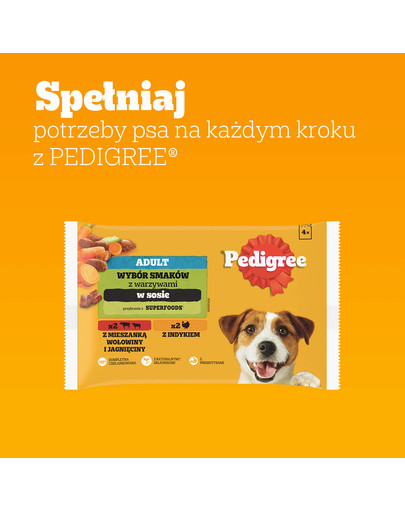 PEDIGREE Adult Wybór Smaków z warzywami saszetki 4x100 g mokra karma pełnoporcjowa dla dorosłych psów, z mieszanką wołowiny i jagnięciny, z indykiem, w sosie
