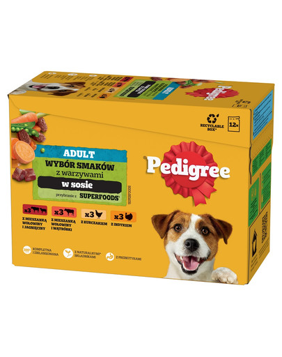 PEDIGREE Adult Wybór Smaków z warzywami saszetki 12x100 g mokra karma pełnoporcjowa dla dorosłych psów, z mieszanką wołowiny i jagnięciny, z mieszanką wołowiny i wątróbki, z kurczakiem, z indykiem, w sosie